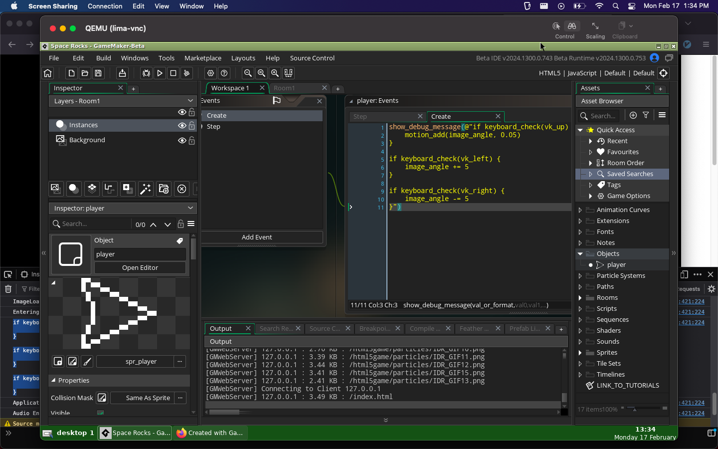 gamemaker window where I show_debug_message(@"...") the source code of my step function